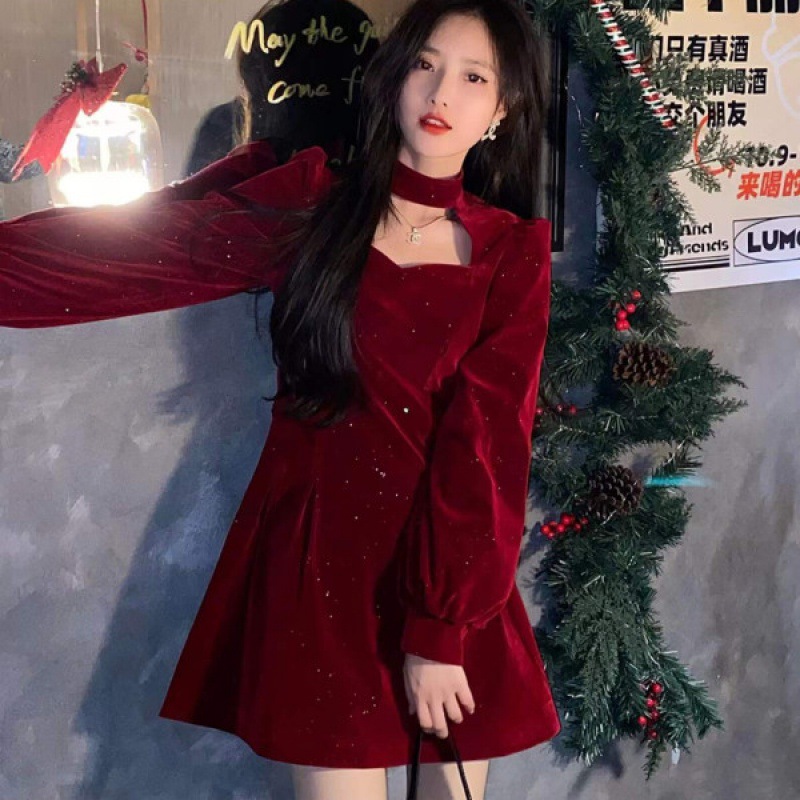 Women'S Red Formal Wear - فستان نسائي مخملي لامع ناعم ،